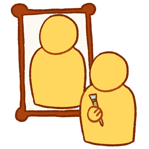  a drawing of a plain yellow person holding a paintbrush and standing in front of a large frame, which contains a portrait of the person